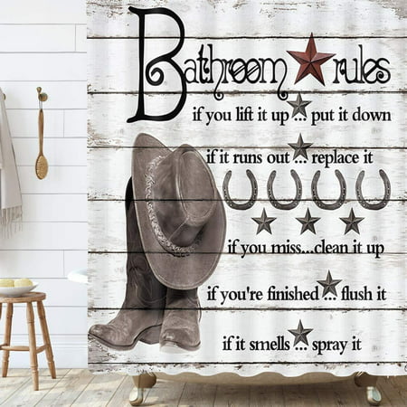Western Gray Shower Curtain 69x70inches Bathroom Rules Funny Quotes Rustic Cowboy Hat Boot Rusty Star Horseshoe Vintage Farmhouse Rural Fabric Bathroom Shower Curtain with Hooks Sets